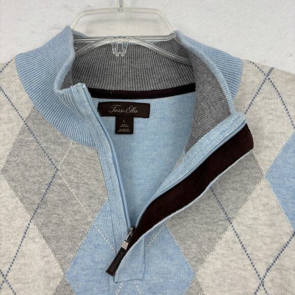 Tasso Elba Quarter Zip Sweater Mens Size L Blue Gray Argyle Cotton Long Sleeve - Picture 3 of 11